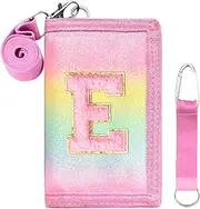 [SiorVeol] Kids Wallet Girls Trifold Initial Glitter Wallets with Zipper and Card Slots Including Neck Lanyard and Hanging Strap, Rainbow, E