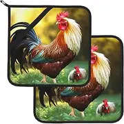 2 Pack Pot Holders for Kitchen Heat Resistant Potholders Beautiful Rooster Hen Pot Holders Set Washable Hot Pads with Loop Non Slip Potholders for Cooking Baking BBQ Microwave 8 x 8 Inch