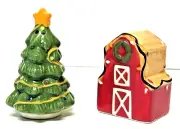 Rustic Holiday Red Barn and Christmas Tree Ceramic Salt & Pepper Set