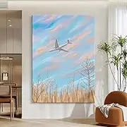 Hand Painted Oil Painting On Canvas - Large Size Blue Sky Clouds Airplane Scenery Texture Sofa Background Gallery Art,Wall for Living Room Wall Home Decoration,As Shown,120 X 200Cm(47''X80'')