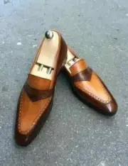 Handmade Real Leather Two Tone Tan & Brown Formal Dress Loafer Shoes For Men