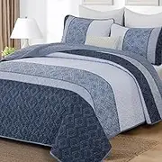 Quilt Set Queen Size 3 Pieces,Striped Plaid Bedspread Coverlet Set,Mineral Blue Boho Summer Bedding Set Soft Microfiber Bedding Set with 2 Pillow Shams 96"x90"