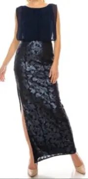 Aidan Mattox Sleeveless Blouson Embellished Side Slit Maxi Sheath Gown Navy Sz 0