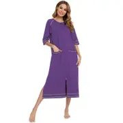 Nevenka Womens Nightgown Zipper Front 3/4 Sleeves Loungewear with Pockets-Purple