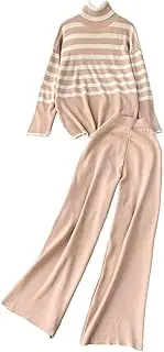 [Generic] Women Knitted Two Pieces Sets Turtleneck Long Sleeve Stripe Pullovers Wide Legs Pants Knitted Tracksuits Lounge Sets
