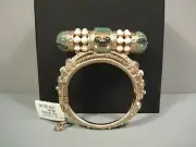 Chanel Runway Sultana Jade Green Stones Gold Metal "CC" Cuff Bangle Bracelet NEW