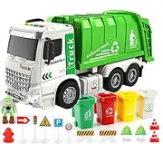 1:12 Scale Toy Garbage Truck Friction Powered with Sound and Lights Loader 4 Waste Management Learning Bins for Preschool Toddlers Boys Girls Age 3 to 8 Birthday Party Gift Recycling Truck Playset