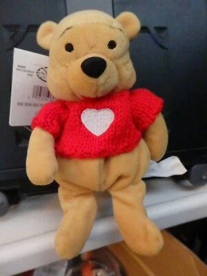 The Disney Store Valentine Pooh w/red Sweater & Heart bean bag plush figure-New