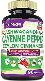 Cayenne Pepper Supplements Capsules 13200mg, 3 Months Supply & Ashwagandha, Ceylon Cinnamon, Grape Seed, Quercetin, Moringa, Ginkgo Biloba - Heart Wellness, Promotes Digestive Health -90 Caps