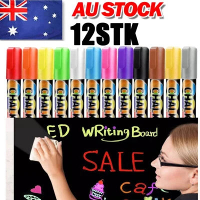 12x Liquid Chalk Marker Pens LED Writing Board Glass Window Pen 3mm/6mm AU