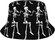 [HVTTIOR] Halloween Posable Skeleton Skull Print Fishing Hat Unisex Bucket Hat Crown for Summer Beach Fishing and Outdoor Activities Black, Black, One Size