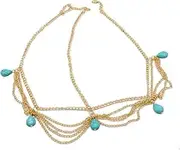 [Generic] Boho Water-drop Tassel Head Chain Stone Drop Pendant Forehead Headpiece Bridal Wedding Prom Hair Accessories for Women Girls (Coppery, One Size)
