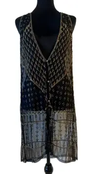 Ecote Black with Gold Beaded Sequin Sheer Sleeveless Long Open Vest Sz XS/S NWT