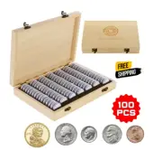 100PCS Coin Capsules Wooden Display Storage Box Case Coin Holder Collectible Box