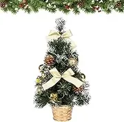 Generic Prelit Small Christmas Tree with Lights, Thick Snowy Frosted Artificial Christmas Tree Tabletop with Pine Cones for Centerpiece, 15.7 inches