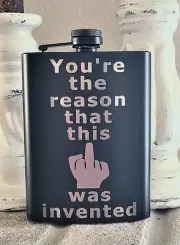 Liquor Hip Pocket Flask and Funnel, Engraved Middle Finger Art Drinking Gift