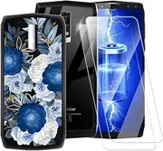 Blue Flowers Pattern Case Compatible with Blackview P10000 Pro + [2 Pack] Screen Protector Tempered Glass, Shockproof Case Cover for iGET Blackview GP10000 Pro (6 inch)