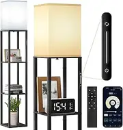 [OUTON] Floor Lamp with Shelf Dimmable with 4 Colour Temperatures and 1 Hour Timer, Remote Control, App and Active Control, Wooden Floor Lamps with Shade for Living Room, Bedroom and Office (Black)