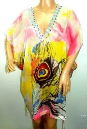 Aqua Blue Women Plus Size 1x 2x Watercolor Chiffon Tunic Top Blouse Cover Up