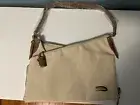 Travelon Purse, light tan, brown strap, decorative lock and keys, 4 compartments