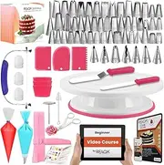 RFAQK 200 PCs Cake Decorating Supplies Kit for Beginners - Turntable Stand, Piping Bags & Tips, Spatula, Leveler, Icing Smoother, 55 Tips, Baking Tools, 20 Cupcake Liners