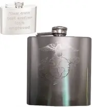 6oz USMC Engraved Hip Flask w/ Funnel, Marine Corps - Personalized with Initials