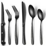 Black Hammered Silverware Set with Steak Knives, 24-Piece Stainless Steel Hea...