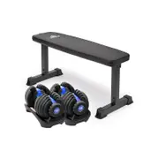 2x Powertrain 24kg Blue Adjustable Dumbbell w/ 10437 Adidas Bench
