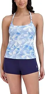 [Spyder] Women's Standard Spaghetti Tankini Tummy Control Quick Dry Removable Cup Adjustable Strap Boy Short Bottom Swimsuit Set, Fast Track Blue/Solid Navy