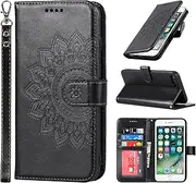 SunYoo for iPhone 8 Plus Case Wallet with Cards Holder,Coque for iPhone 7 Plus Flower Strap Case,Leather Case Women Flip Cover Bag portefeuille Pour Femmes for iPhone 8Plus 7Plus Black