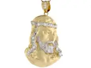 10k or 14k Two Tone Real Gold White CZ Jesus Head 5.5cm Religious Pendant