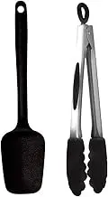 mastrad F16800+F10400 Tongs, Black, Length 10.8 inches (27.5 cm), Tongs (Black) + Spoon Spatula (Black) (Set of 2)