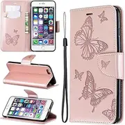Case for Apple iPhone 6 Plus / 6S Plus, Butterflies Embossing PU Leather Flip Magnet Wallet Stand Card Slots Protective Cover with Hand Strap for Apple iPhone 6 Plus / 6S Plus (LD-Gold)