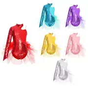 Kids Girls Sequin Feather Tulle Skirted Leotard Ballet Jazz Latin Dance Bodysuit