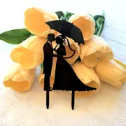 Silhouette Bride and Groom Holding Umbrella Wedding Cake Topper