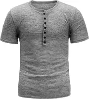 [Zylphorix] Men's Silk Short Sleeve Henry T-Shirt Half Button Slim Fit Daily Shirt Summer Classic Comfy Casual Polo Shirt, Light Grey, Small