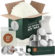 Hearth & Harbor Natural Soy Wax and DIY Candle Making Supplies - 5 Lbs. Soy Candle Wax Flakes, Candle Tin Cans with Lid 24 Pack - 4 oz, 100 Cotton Wicks, and 2 Metal Centering Device