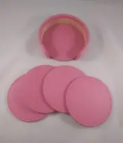 (NEW) Leather Coaster Set of 4 with Holder Pink