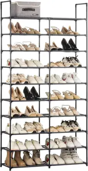 10 Tier Shoe Rack Organizer for Closet - Space Saving Non-Woven Fabric Metal Shelf - Holds 40 Pairs - Black