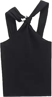 [Generic] Women's Metal Embellished Knot Irregular Neck Backless Slim Fit Casual Black Tank Top