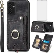 [Asuwish] Phone Case for Samsung Galaxy A04s Wallet Cover with Tempered Glass Screen Protector and Wrist Strap Lanyard RFID Credit Card Holder Ring Stand Cell Accessories A04S 2022 SM-A047F Women Black