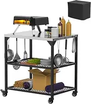 [LS'BABQ] Pizza Oven Table Cart for Ooni, Ninja Woodfire, Blackstone Grill Stand, Outdoor Grill Cart with Wheels, Stainless Steel Rolling Trolley Kitchen Food Prep and Work Cart Table with Cover
