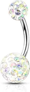[beyoutifulthings] Belly Bar Silver Pavé Crystal Balls Epoxy Navel Piercing Surgical Steel Banana Bell Bar Length 10 mm
