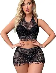 [Sekexi] Hollow Out Lace Sexy Rhinestone Fishnet Lingerie Outfit For Women See Through Bodysuit 2 Piece, Blue（upgraded Packaging ）