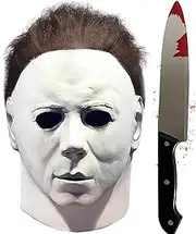 HFAN Michael Myers Mask with Plastic Knife, Adult Latex Michael Myers Face Cosplay Mask With Hair For Halloween Kills Scary Halloween Cosplay Costume Theme Party Props Movies 1978