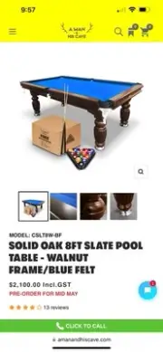 TOPONE 8FT Slate Billiard Table / Pool Table - Walnut Frame