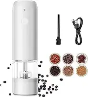 Electric Salt and Pepper Grinder Set, USB Rechargeable Pepper Mill Grinder with 6 Adjustable Coarseness and LED Lights, One Hand Operation, Automatic Ceramic Salt Grinder for Kitchen and Dining White