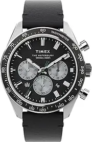 [Timex] Men’s Waterbury Diver Chronograph Automatic 41mm Watch – Black Dial Stainless Steel Case with Black Leather Strap