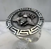 Artemis Goddess Bee ancient coin meander signed ring sterling silver
