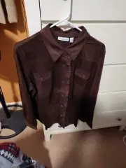WOMEN'S SUSAN GRAVER BROWN RUFFLED BUTTON FRONT TOP CHOCOLATE BROWN SUZE...